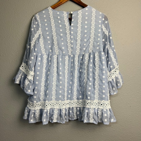 Orange Creek LA Embroidered Babydoll Prairie Blouse Cottagecore Blue White Sz Sm - Picture 6 of 11